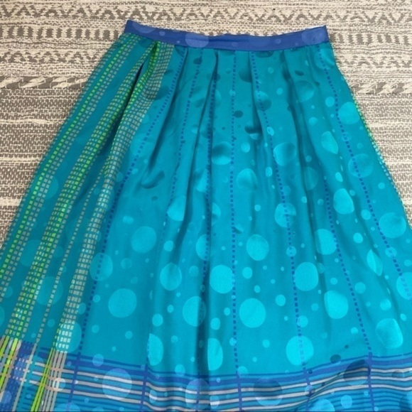 Umi Collections 100% Silk Blue Geometric Pleated Midi Maxi Skirt Retro Colorful - Picture 7 of 13